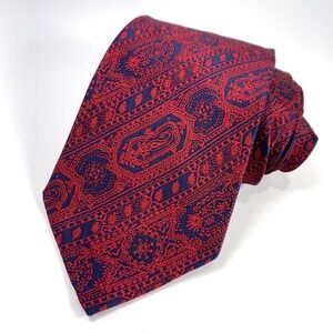 Vintage Windsor Lott Mens Tie Blue w/ Red & Geometric Striped Design 100% Silk